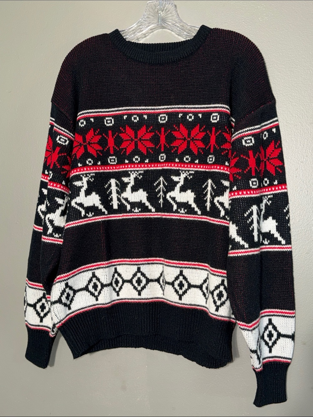 Vintage House of Lloyd Reindeer Snowflake Knit Sweater XL Black Red Fair Isle
